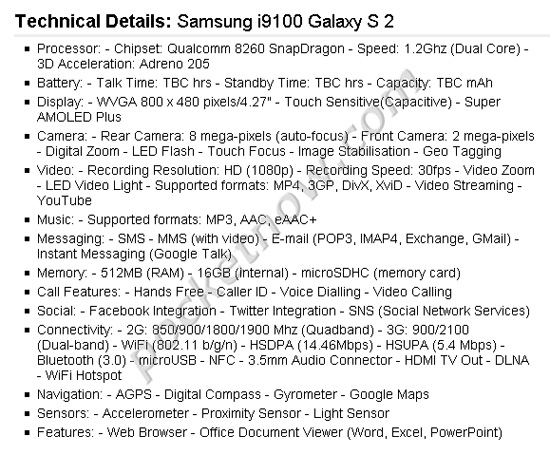 samsung galaxy s 2 spec