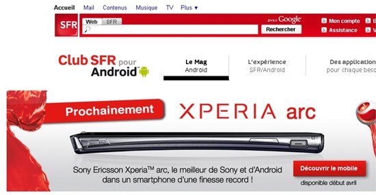 annonce sur le site de sfr de la sortie du xperia arc