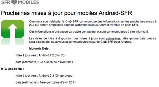 annonce sfr mise a jour froyo sur motorola defy