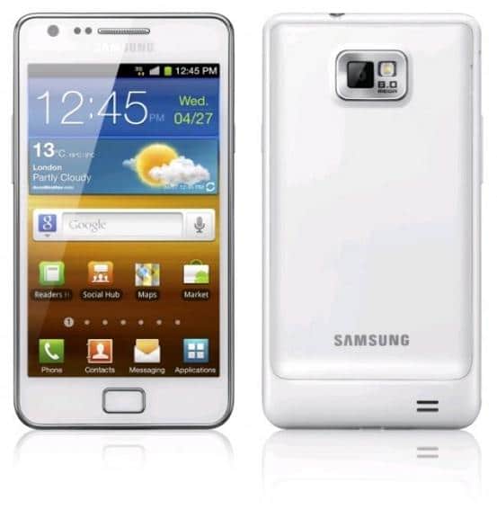 Le Samsung Galaxy S II blanc de face et de dos 