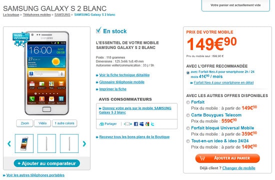 samsung galaxy s2 blanc chez bouygues telecom